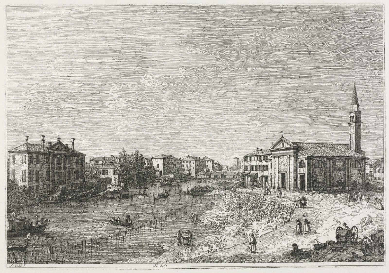 Etching of a row of houses along the water